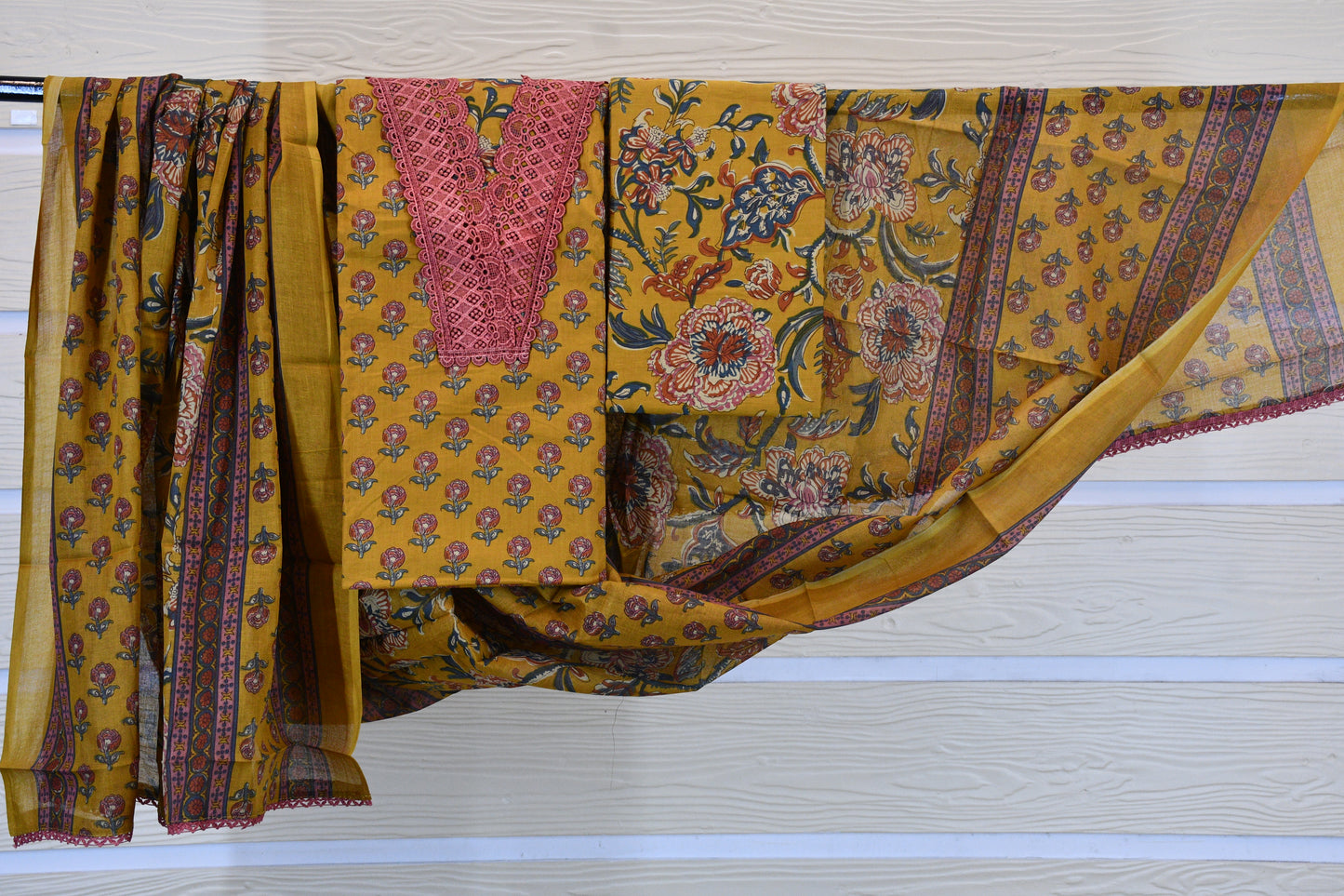 Mustard Yellow Hand-Block Floral Print Cotton Dress Material