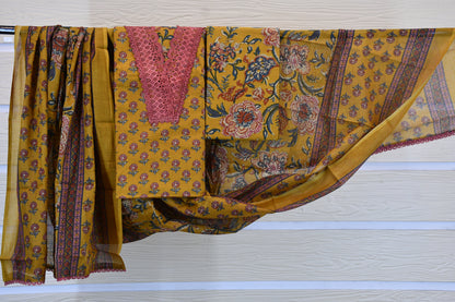 Mustard Yellow Hand-Block Floral Print Cotton Dress Material