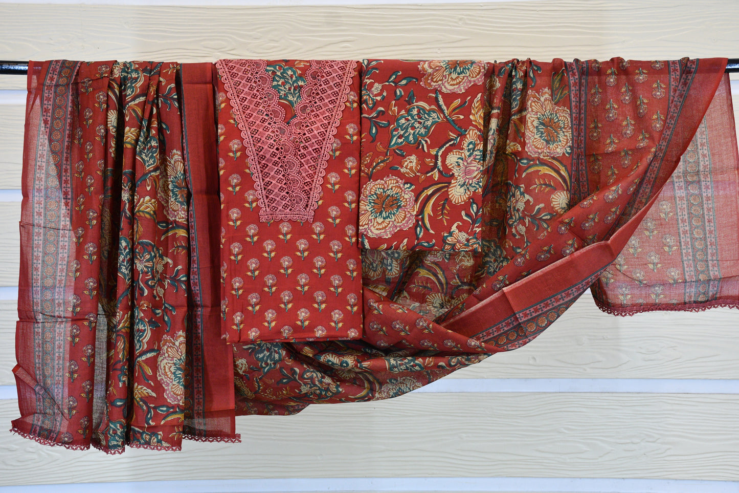 Red Floral Cotton Dress Material