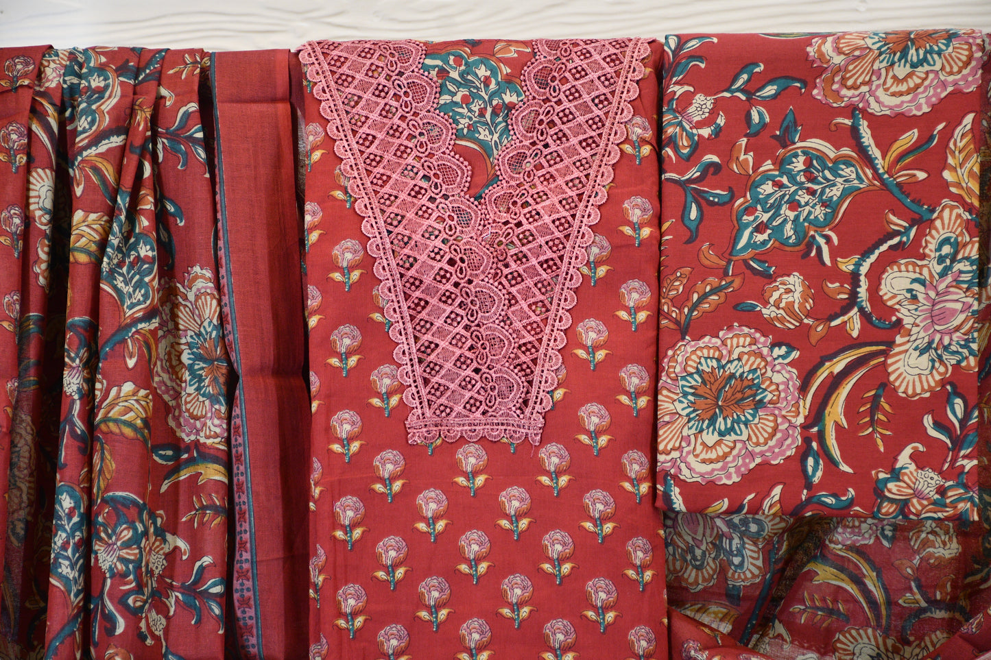 Red Floral Cotton Dress Material