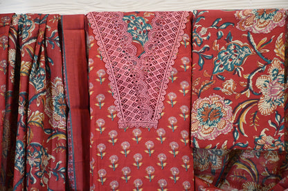Red Floral Cotton Dress Material