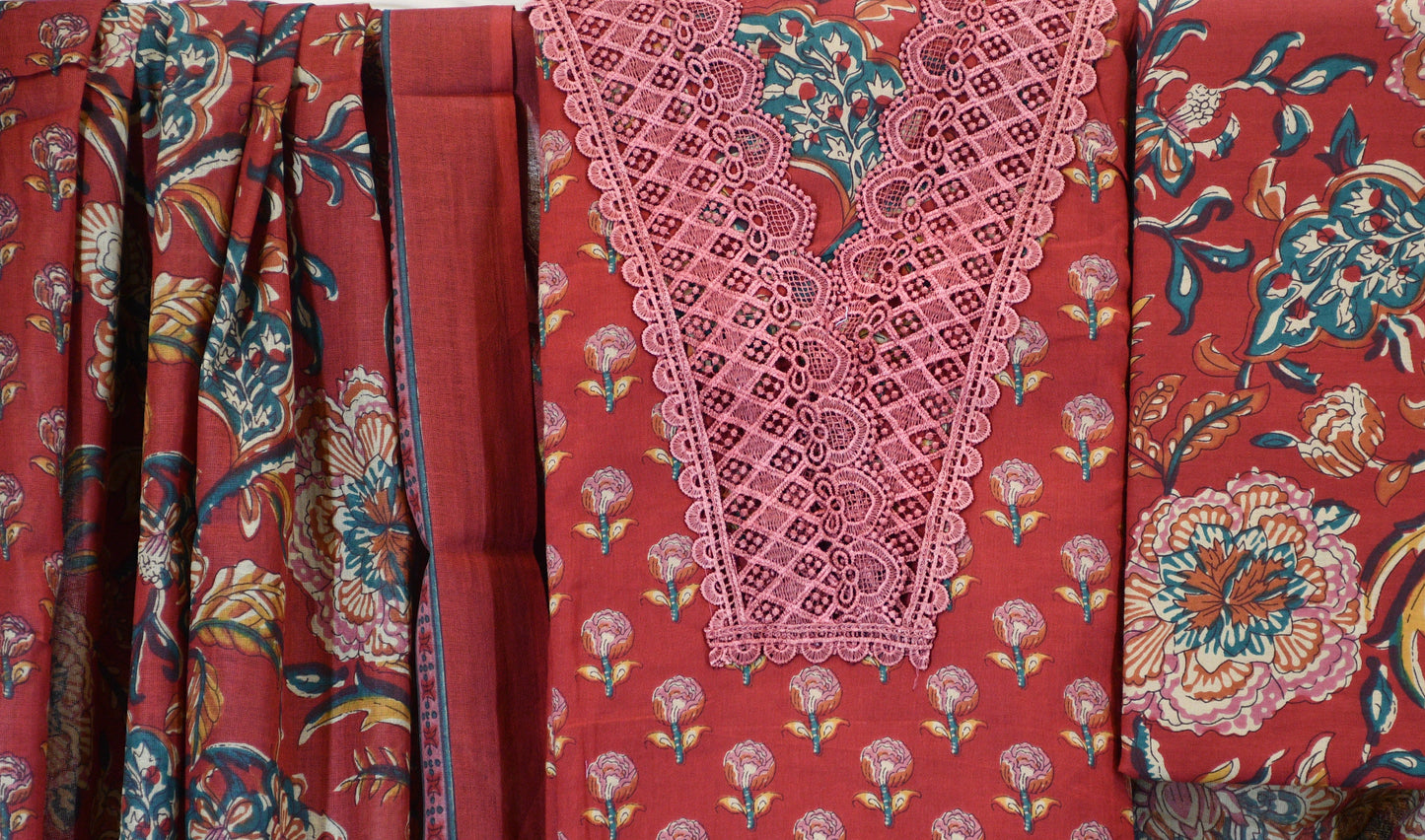 Red Floral Cotton Dress Material