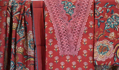 Red Floral Cotton Dress Material