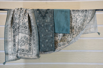Charcoal Teal Floral Dress Material