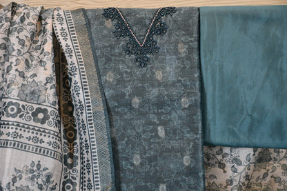 Charcoal Teal Floral Dress Material