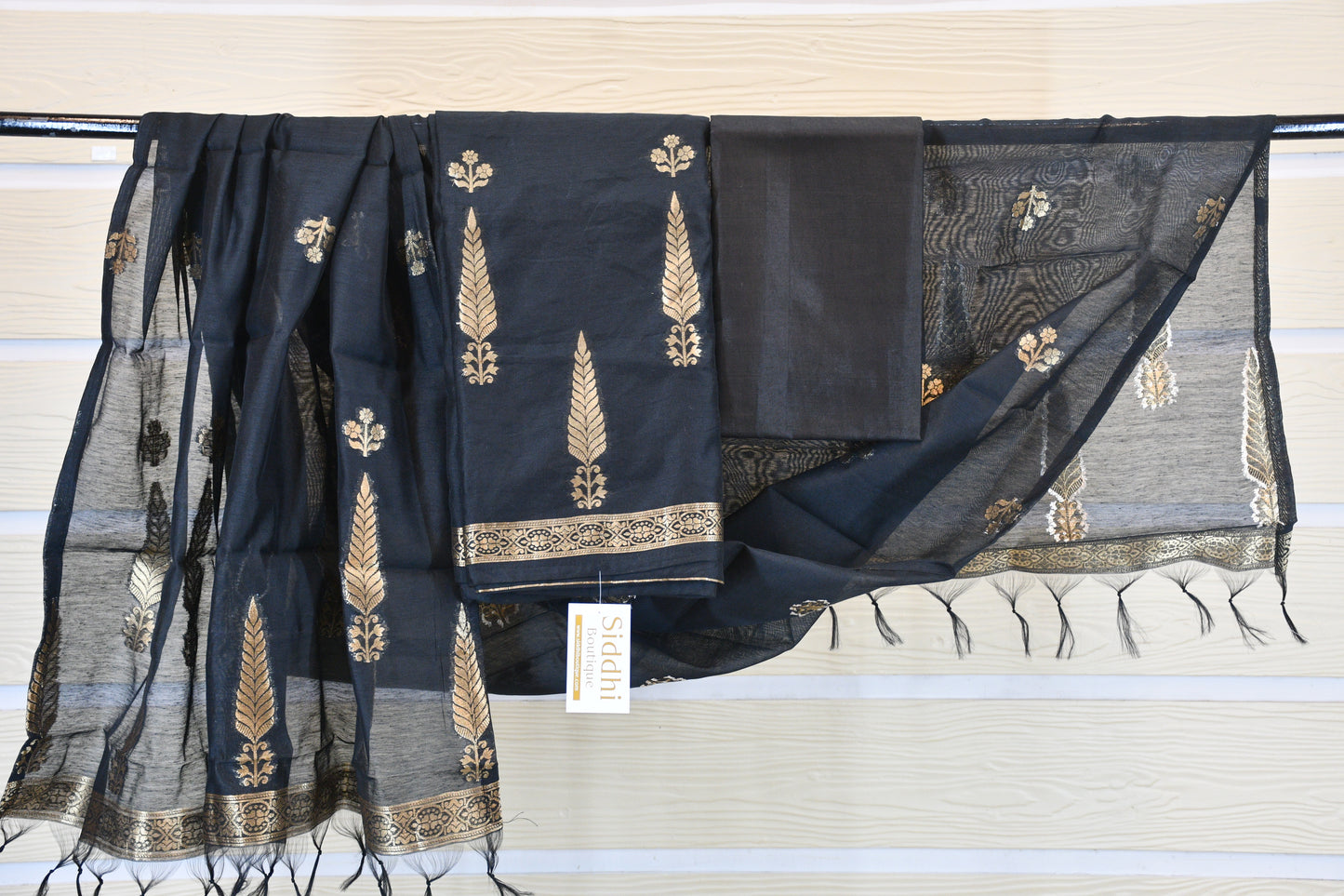 Regal Black & Gold Chanderi Silk Dress Material