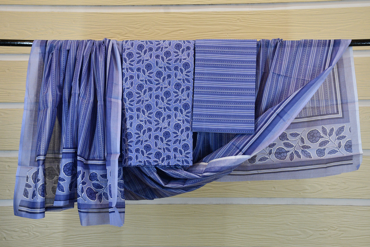 Blue Floral Stripe Cotton Suit Set