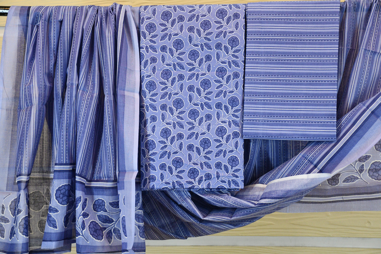 Blue Floral Stripe Cotton Suit Set