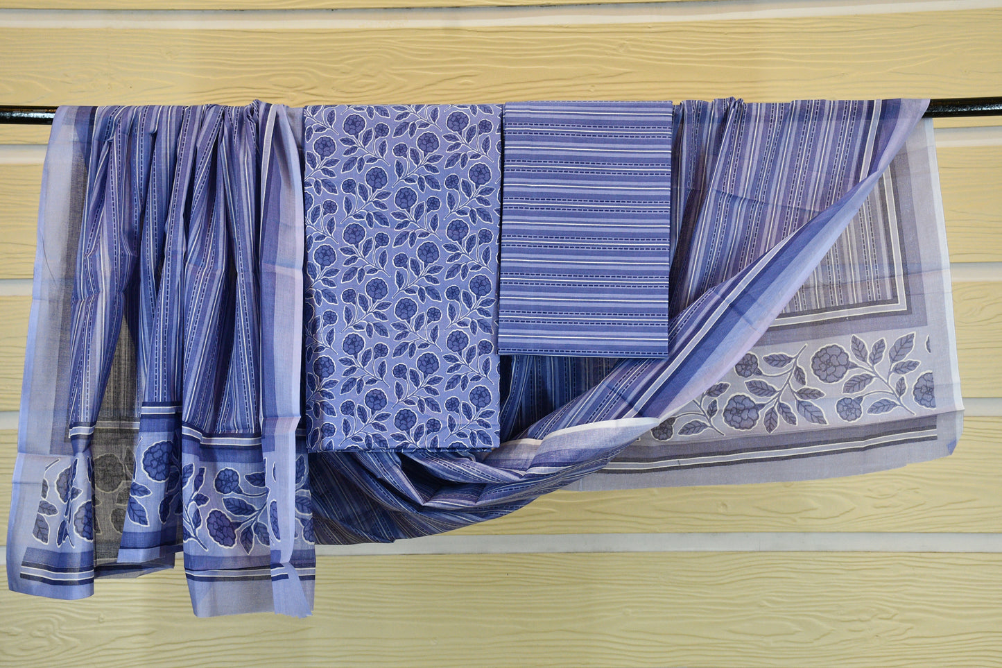 Blue Floral Stripe Cotton Suit Set