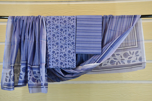 Blue Floral Stripe Cotton Suit Set