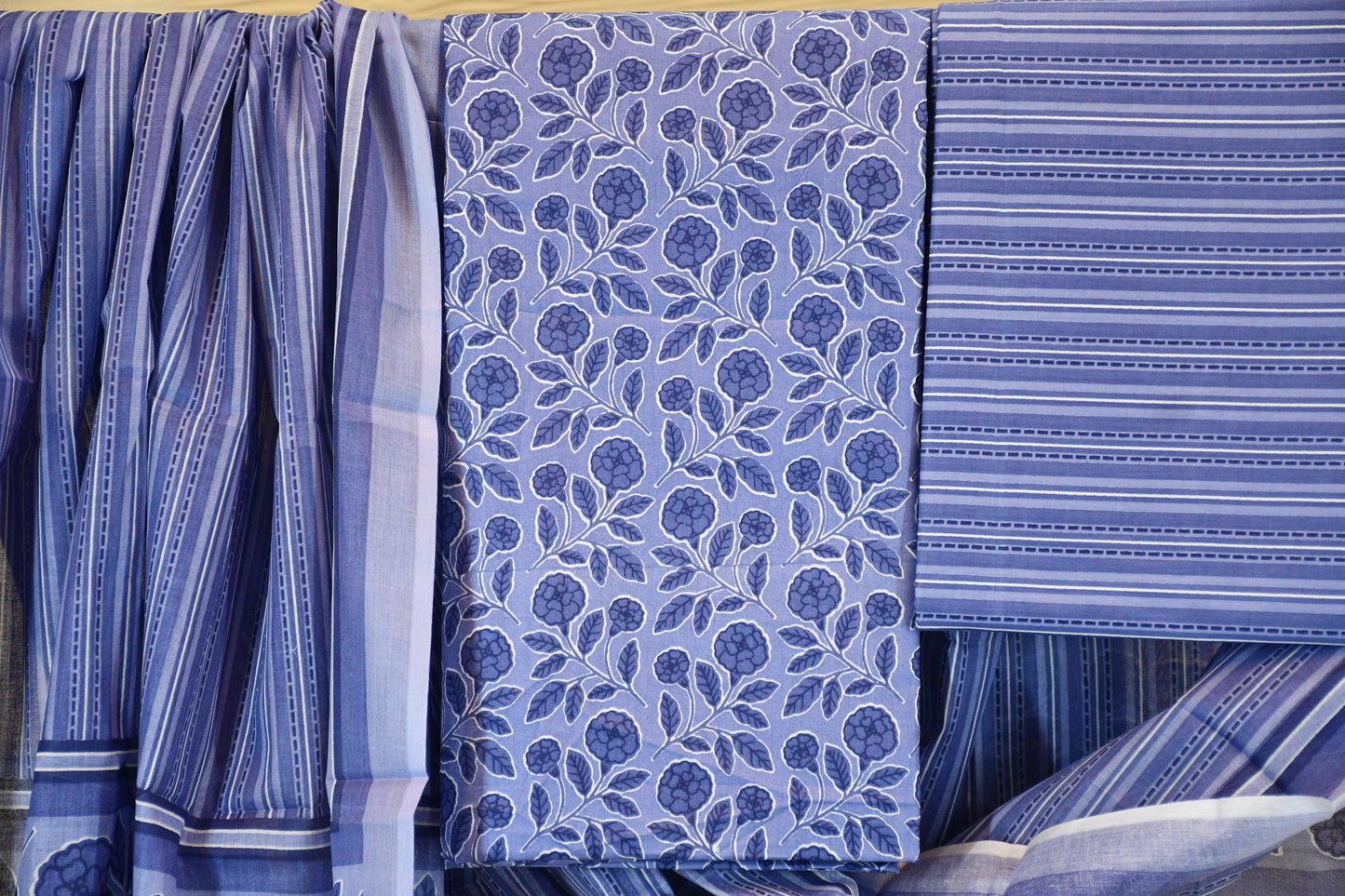 Blue Floral Stripe Cotton Suit Set