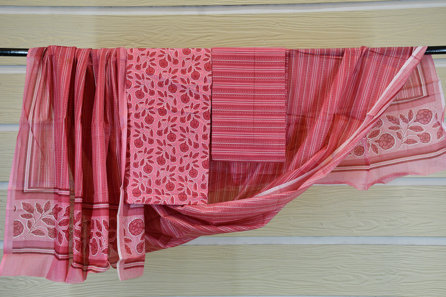 Rose Pink Floral Stripe Cotton Suit Set