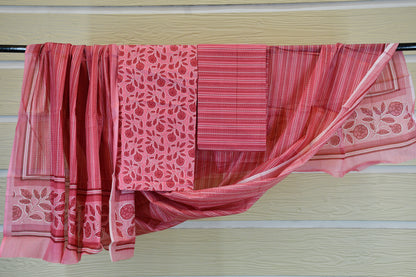 Rose Pink Floral Stripe Cotton Suit Set
