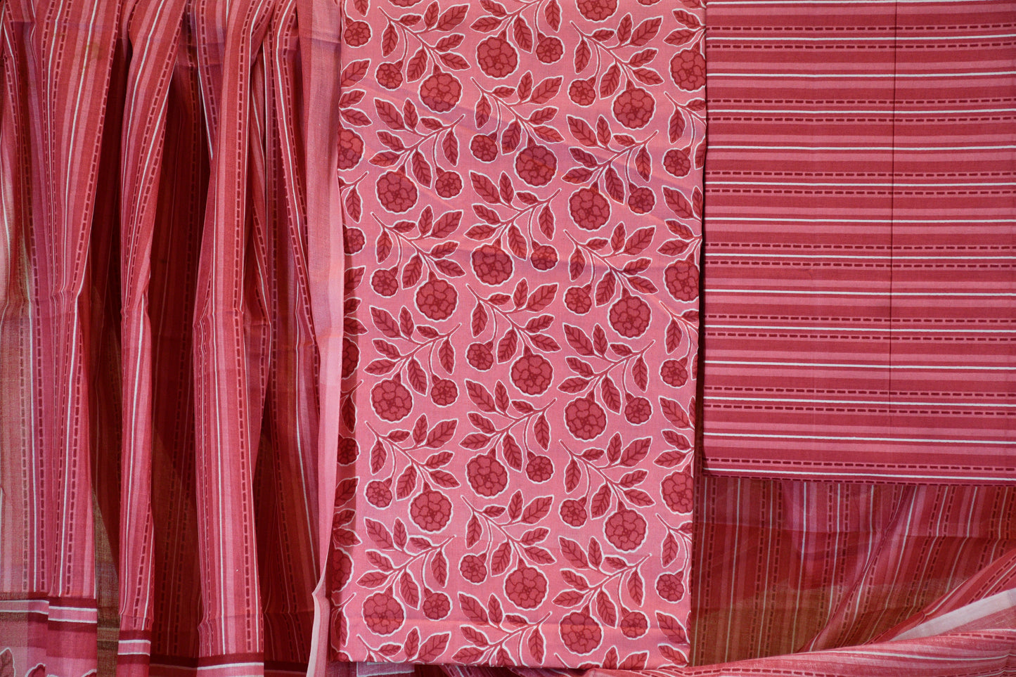 Rose Pink Floral Stripe Cotton Suit Set
