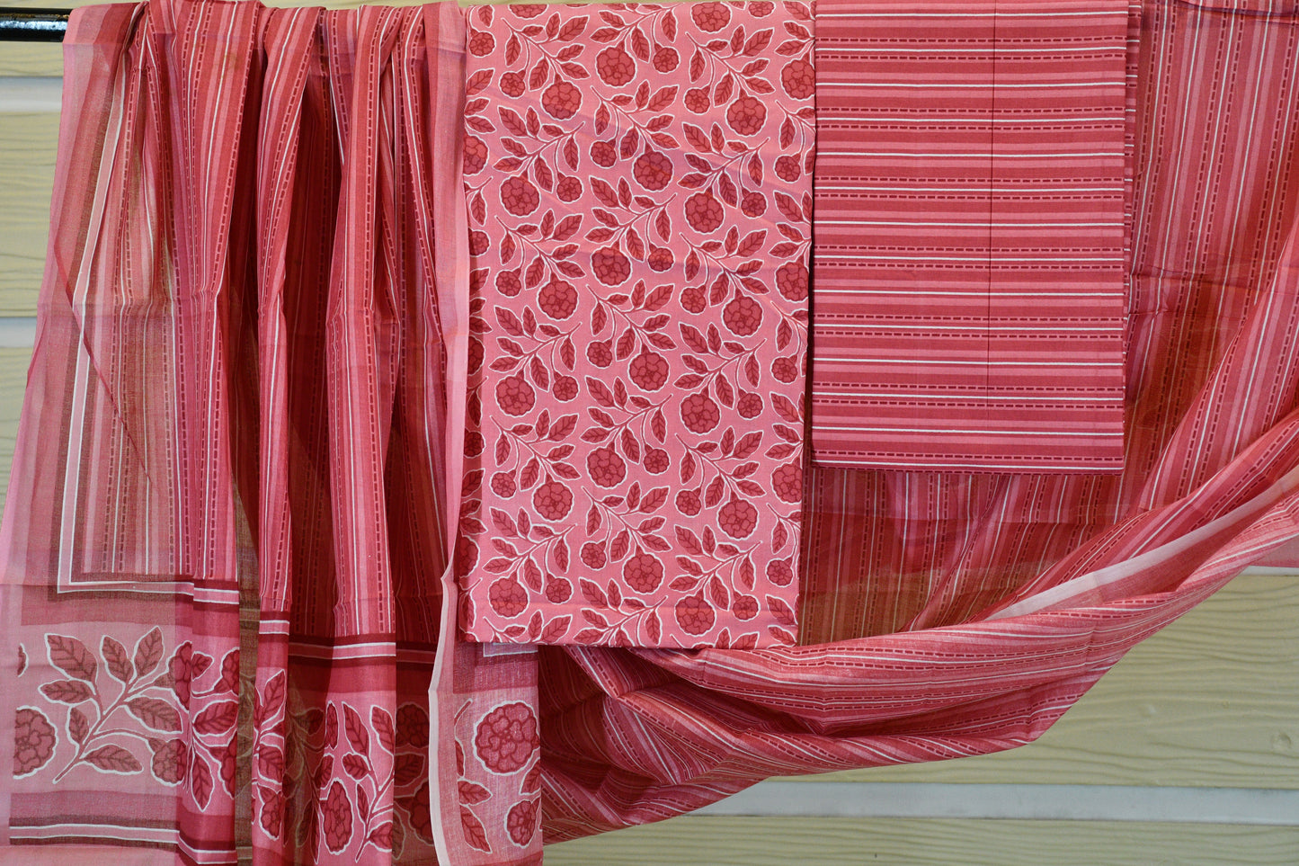 Rose Pink Floral Stripe Cotton Suit Set