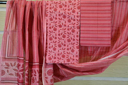 Rose Pink Floral Stripe Cotton Suit Set