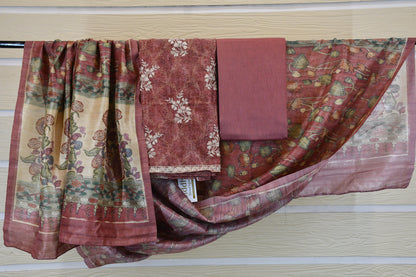 Rust Bloom – Printed & Embroidered Dress Material with Woven Floral Dupatta