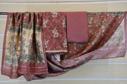 Rust Bloom – Printed & Embroidered Dress Material with Woven Floral Dupatta