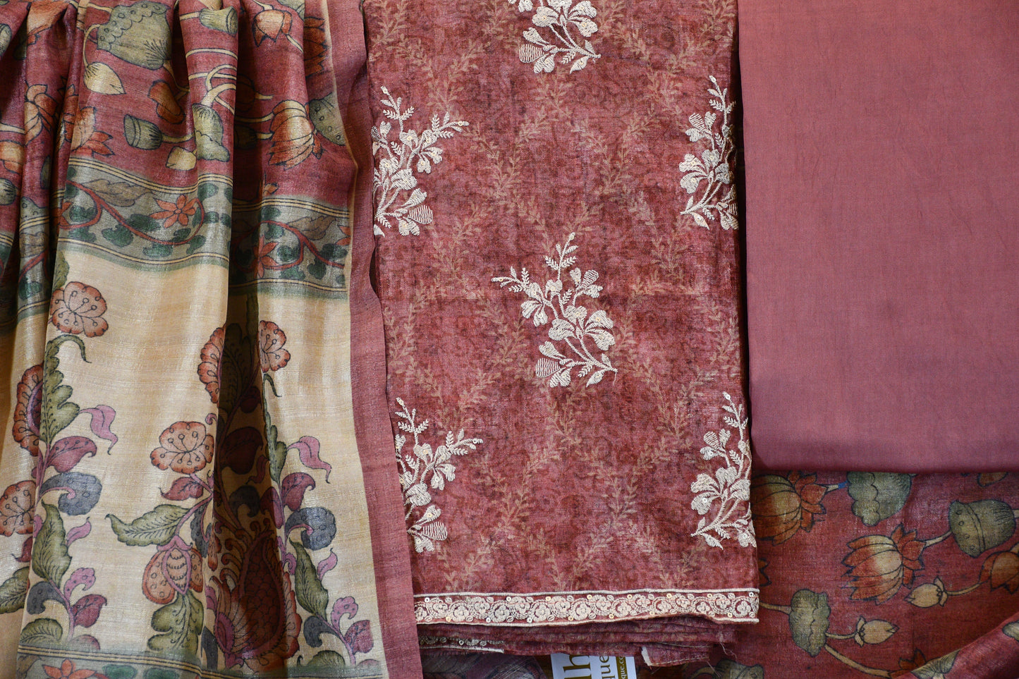 Rust Bloom – Printed & Embroidered Dress Material with Woven Floral Dupatta