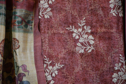 Rust Bloom – Printed & Embroidered Dress Material with Woven Floral Dupatta