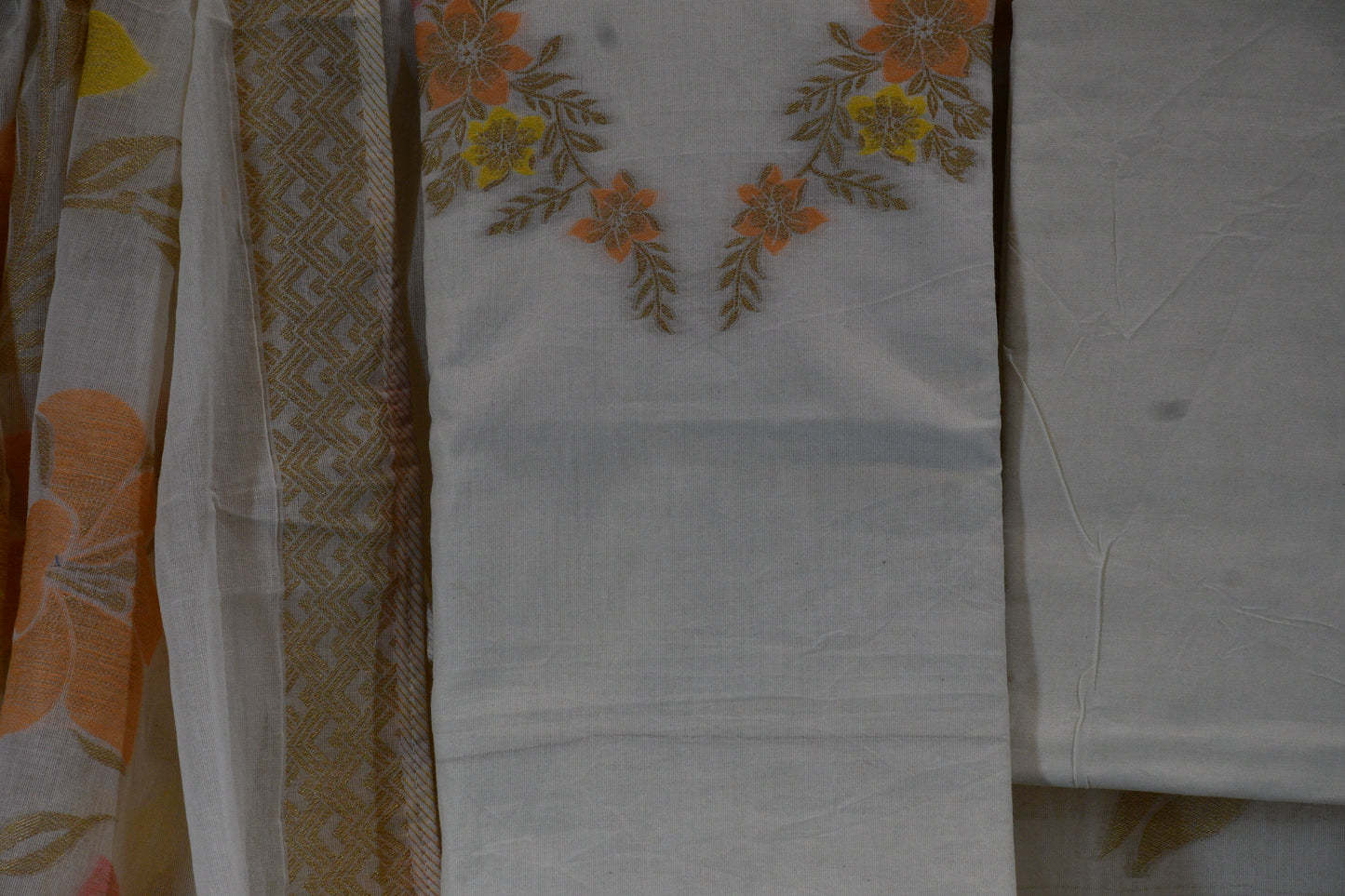 Ivory Blossom – Premium Cotton Printed & Embroidered Dress Material with Woven Dupatta