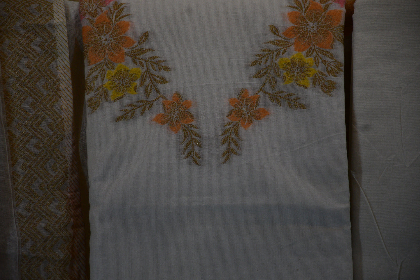 Ivory Blossom – Premium Cotton Printed & Embroidered Dress Material with Woven Dupatta