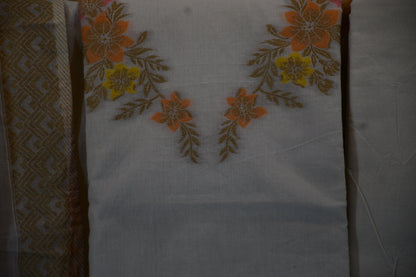 Ivory Blossom – Premium Cotton Printed & Embroidered Dress Material with Woven Dupatta