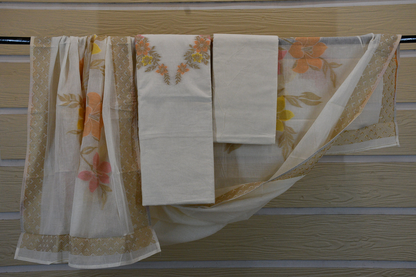 Ivory Blossom – Premium Cotton Printed & Embroidered Dress Material with Woven Dupatta