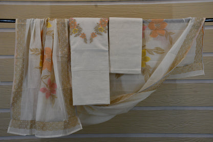 Ivory Blossom – Premium Cotton Printed & Embroidered Dress Material with Woven Dupatta