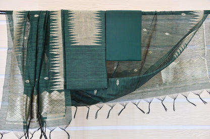Bottle Green Elegance – Pure Ghicha Silk Dress Material with Zari Dupatta