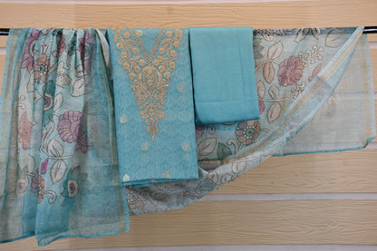 Sky Blue Breeze – Kota Dress Material with Floral Dupatta