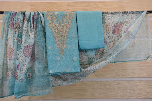 Sky Blue Breeze – Kota Dress Material with Floral Dupatta