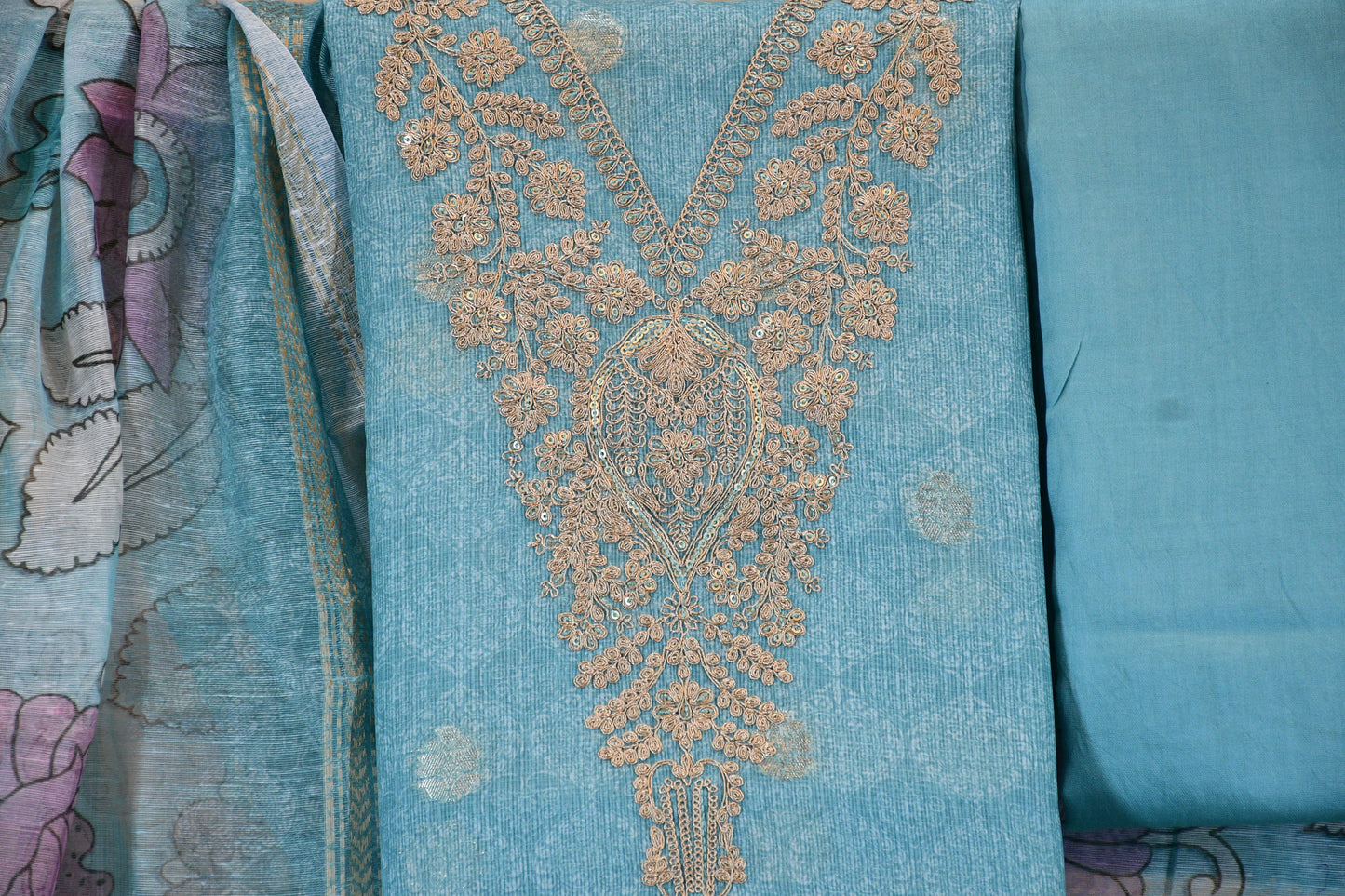 Sky Blue Breeze – Kota Dress Material with Floral Dupatta