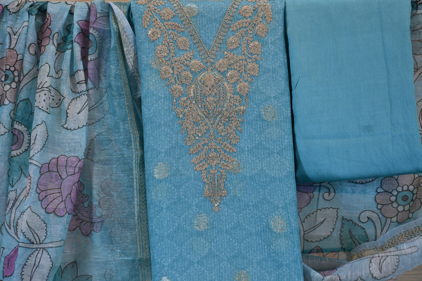 Sky Blue Breeze – Kota Dress Material with Floral Dupatta