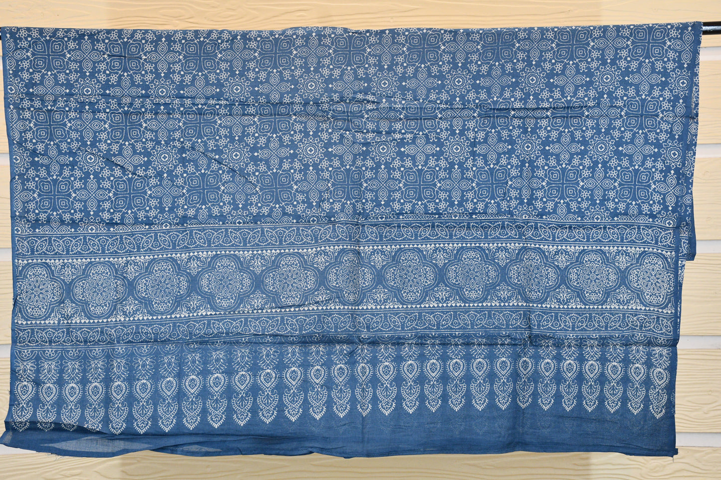 White chickan Cotton Dress Material with Blue Dabu Print & Printed Dupatta Set