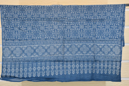 White chickan Cotton Dress Material with Blue Dabu Print & Printed Dupatta Set