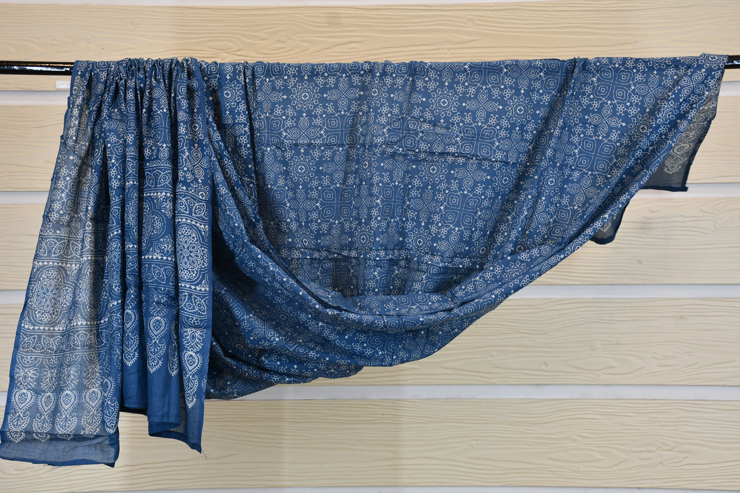 White chickan Cotton Dress Material with Blue Dabu Print & Printed Dupatta Set
