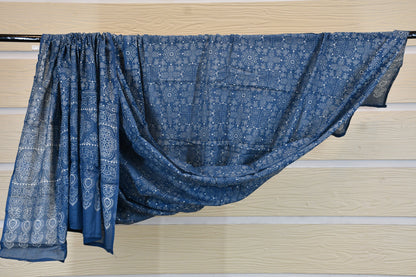 White chickan Cotton Dress Material with Blue Dabu Print & Printed Dupatta Set