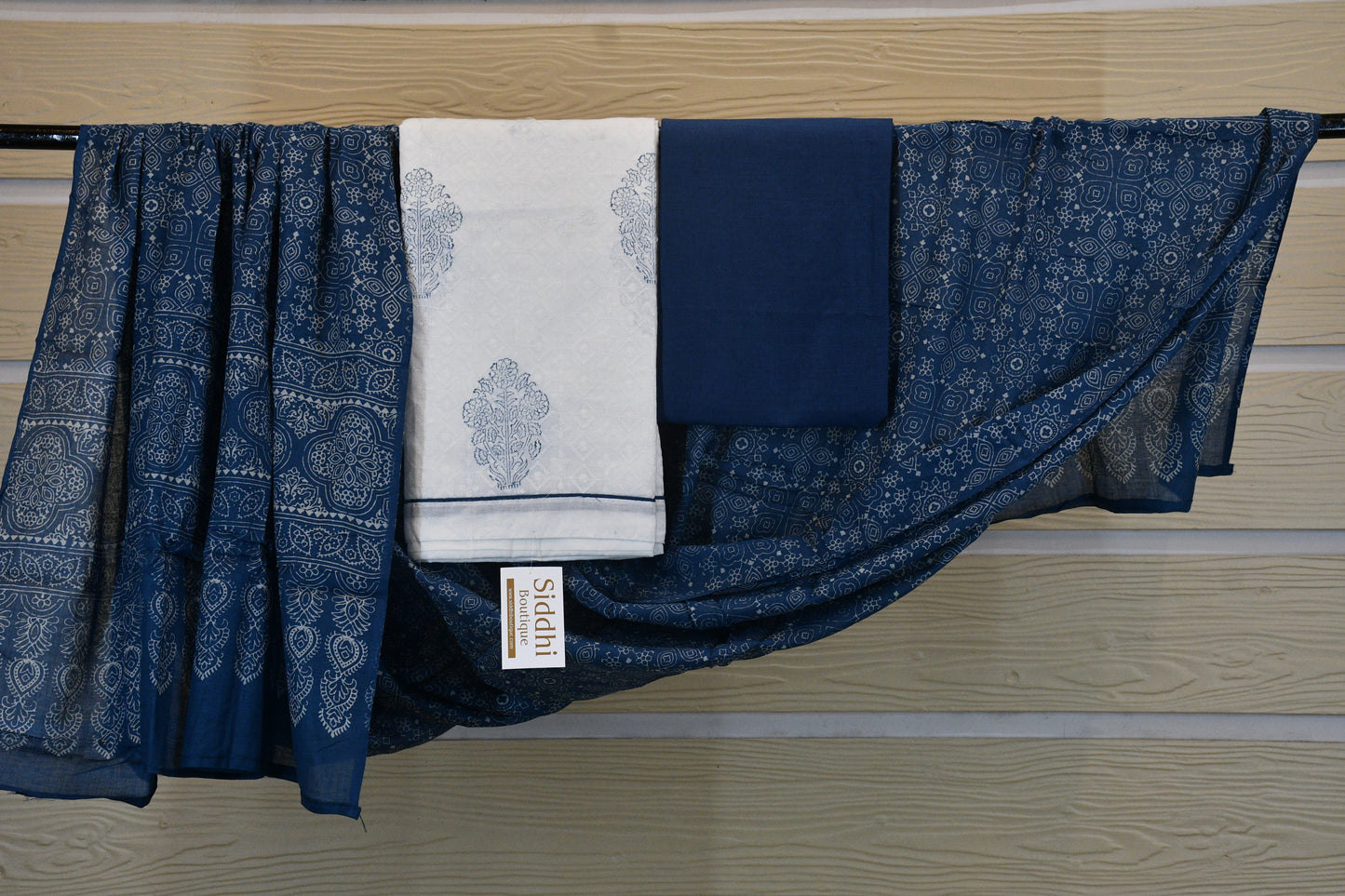 White chickan Cotton Dress Material with Blue Dabu Print & Printed Dupatta Set