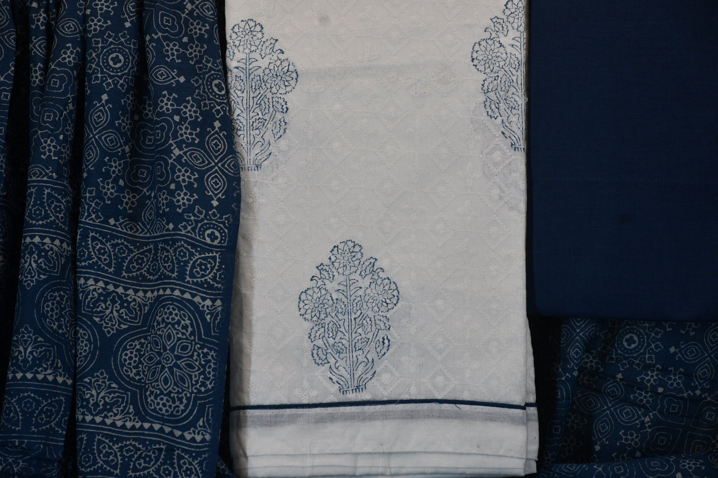 White chickan Cotton Dress Material with Blue Dabu Print & Printed Dupatta Set