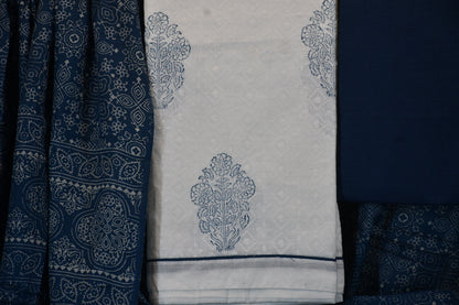 White chickan Cotton Dress Material with Blue Dabu Print & Printed Dupatta Set