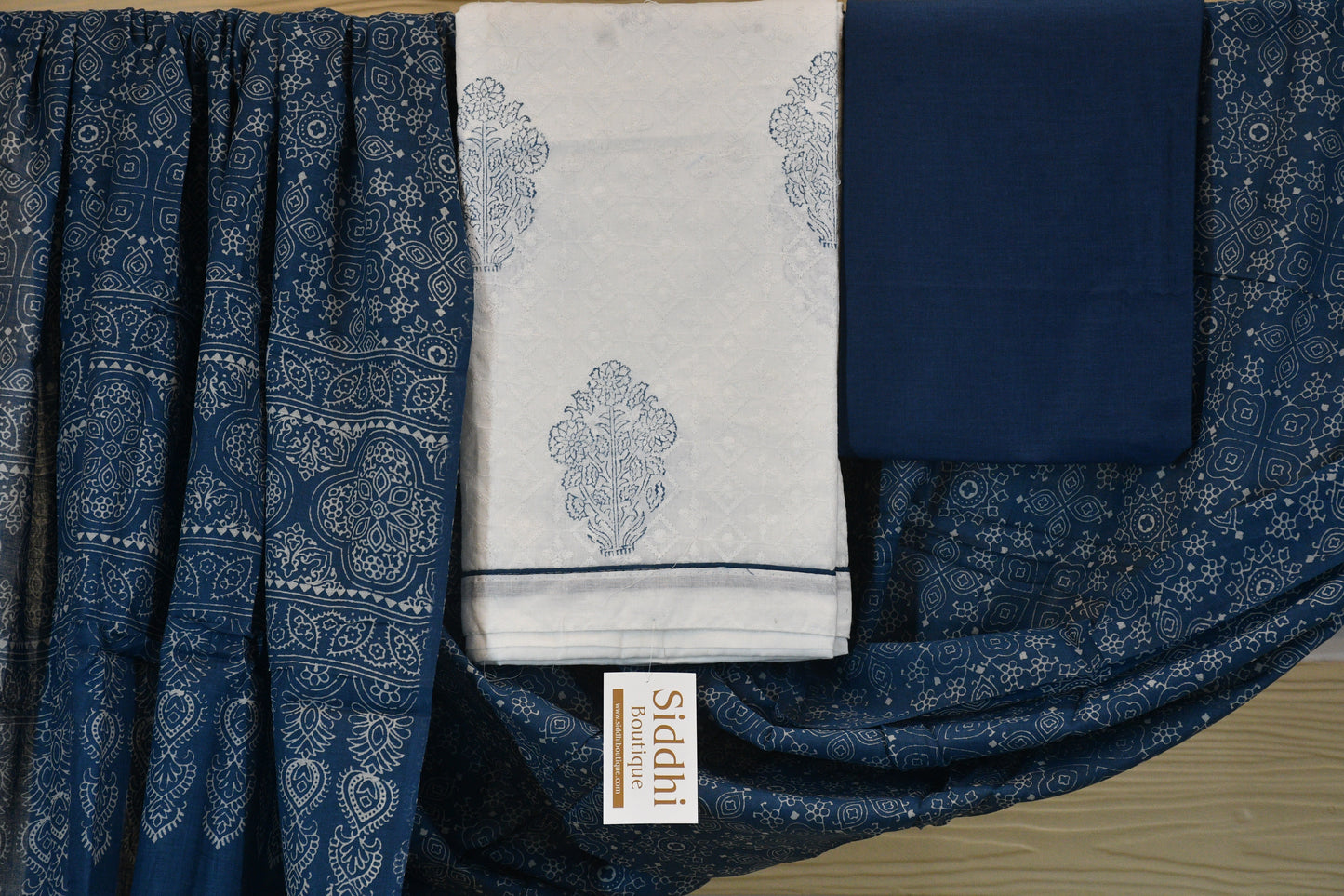 White chickan Cotton Dress Material with Blue Dabu Print & Printed Dupatta Set