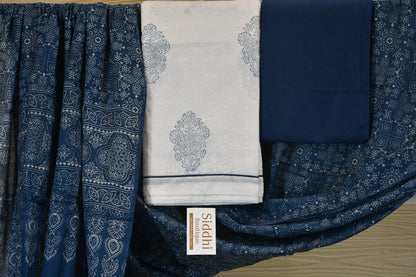 White chickan Cotton Dress Material with Blue Dabu Print & Printed Dupatta Set