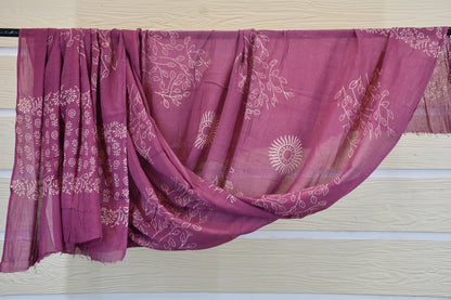 Mauve Dabu Print Cotton Dress Material with Kantha Work Detailing