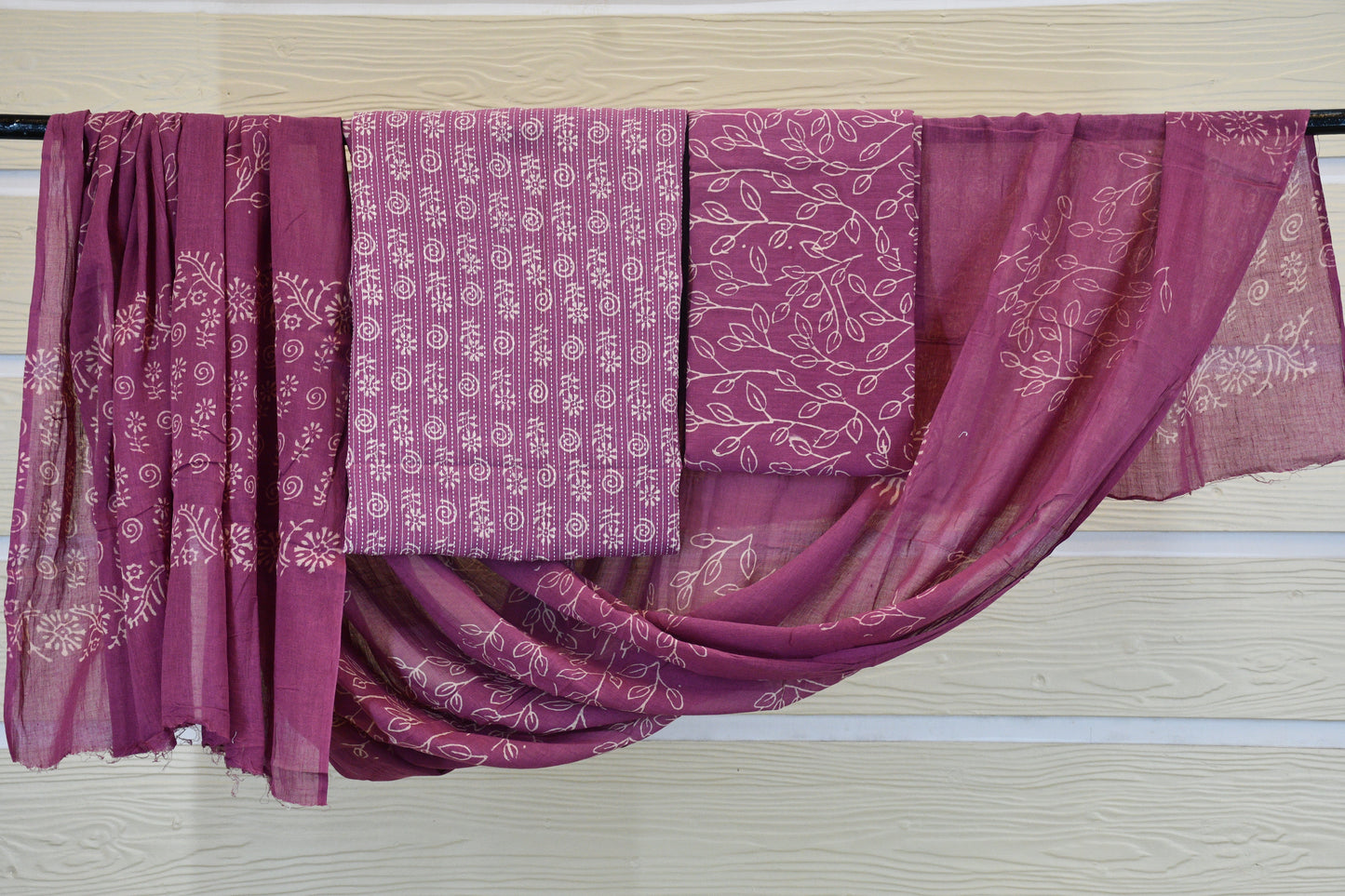 Mauve Dabu Print Cotton Dress Material with Kantha Work Detailing