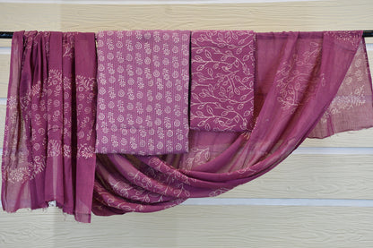 Mauve Dabu Print Cotton Dress Material with Kantha Work Detailing