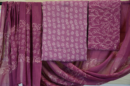 Mauve Dabu Print Cotton Dress Material with Kantha Work Detailing