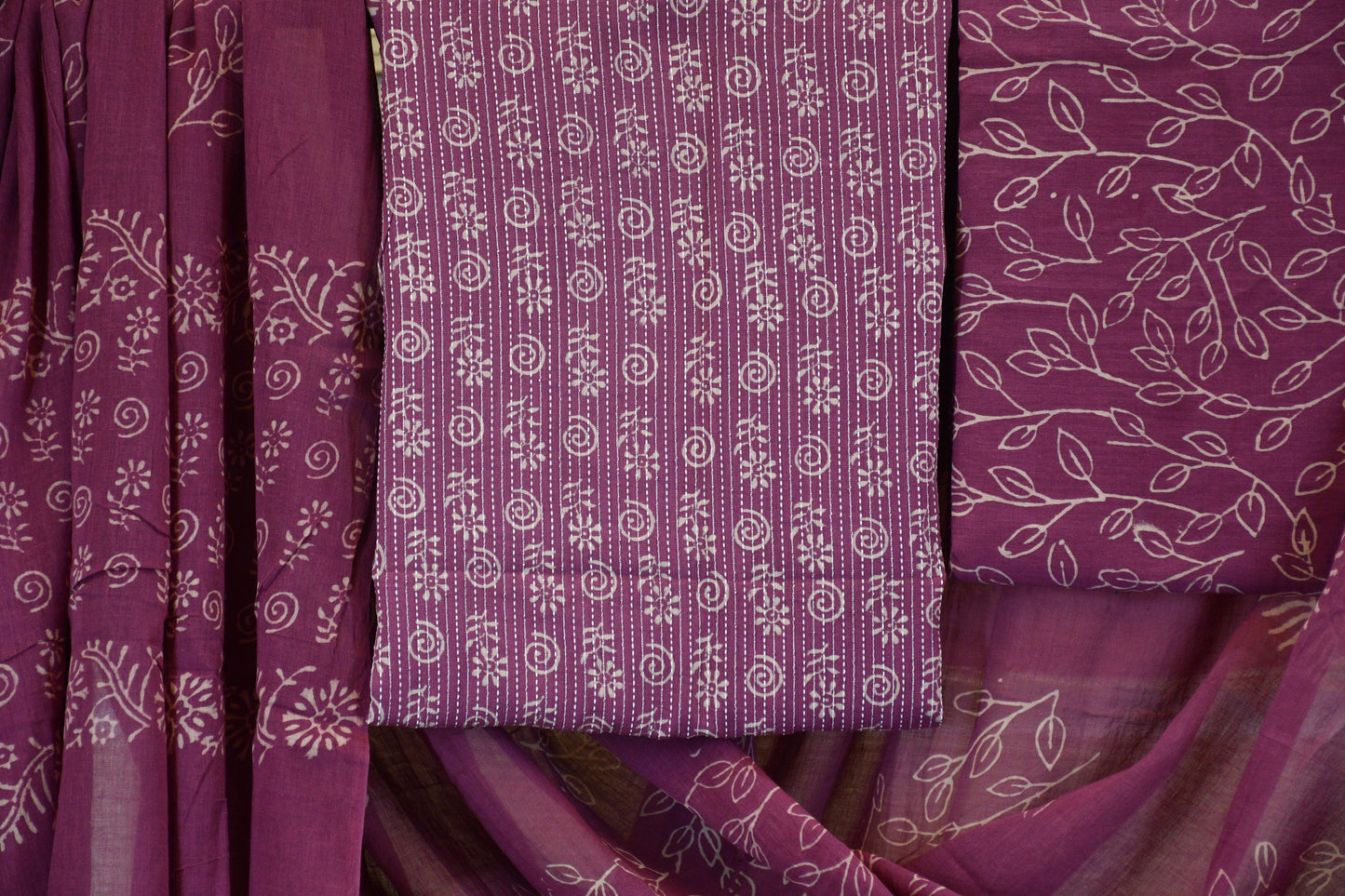Mauve Dabu Print Cotton Dress Material with Kantha Work Detailing