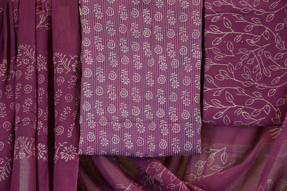 Mauve Dabu Print Cotton Dress Material with Kantha Work Detailing