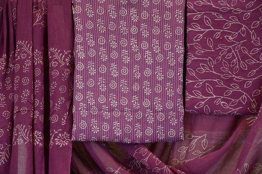 Mauve Dabu Print Cotton Dress Material with Kantha Work Detailing